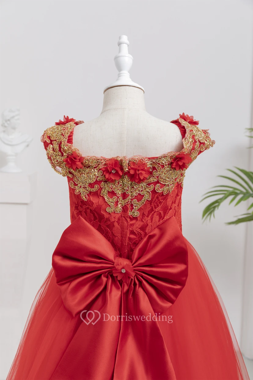 Cap Red Ball Gown Applique Flowergirl Dress with Pop up Petal view 6