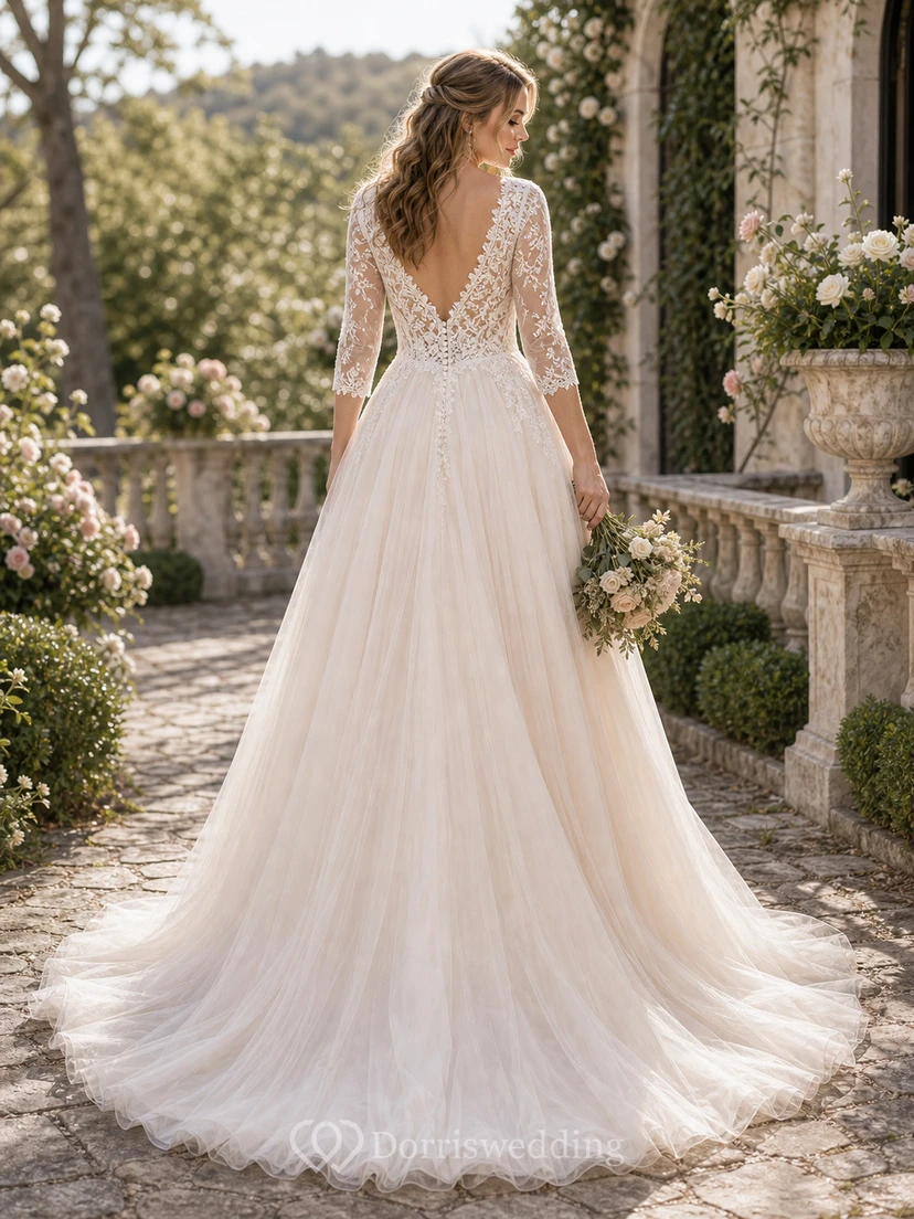 Elegante vestido de novia de corte A, largo hasta el suelo, con cola, mangas largas y apliques. view 4