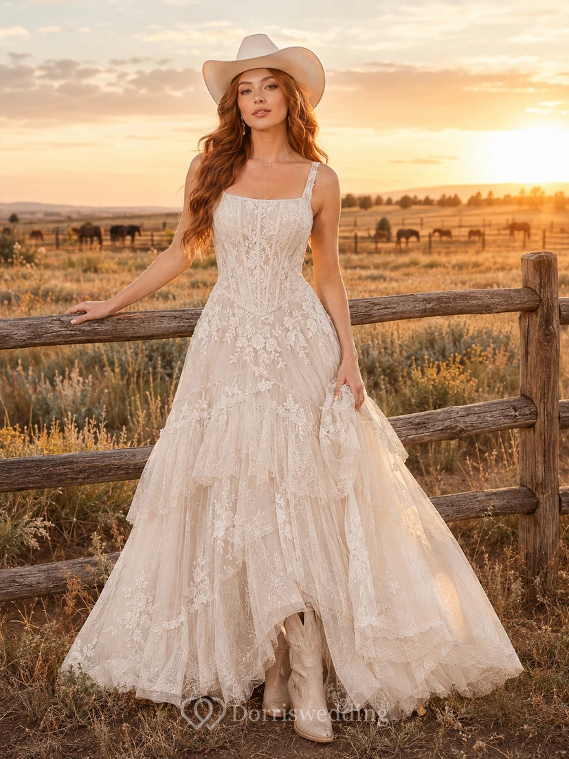 Robe de mariée trapèze en tulle à volants style western rustique avec bretelles