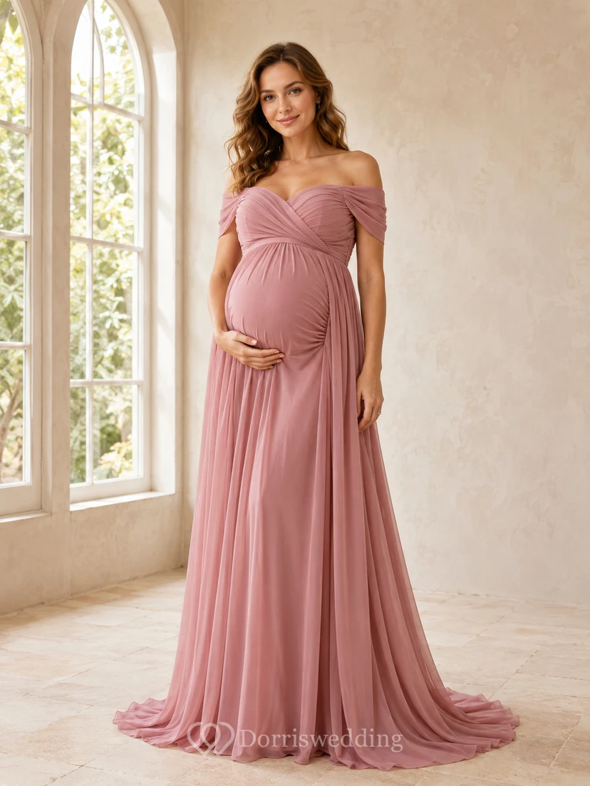 Rose Window Empire Floor-Length Off-Shoulder Short-Sleeve Chiffon Romantic Maternity Dress