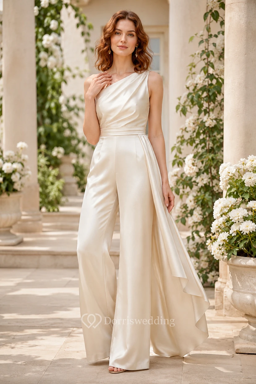 Combinaison de mariage en satin ivoire à une épaule avec cape