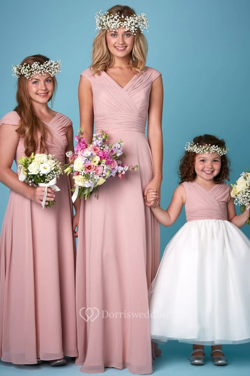 Short Sleeve V-Neck Ruched Chiffon Bridesmaid Dress view 2