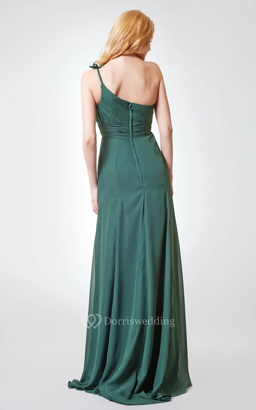 One Shoulder Ruched A-line Long Chiffon Dress view 3