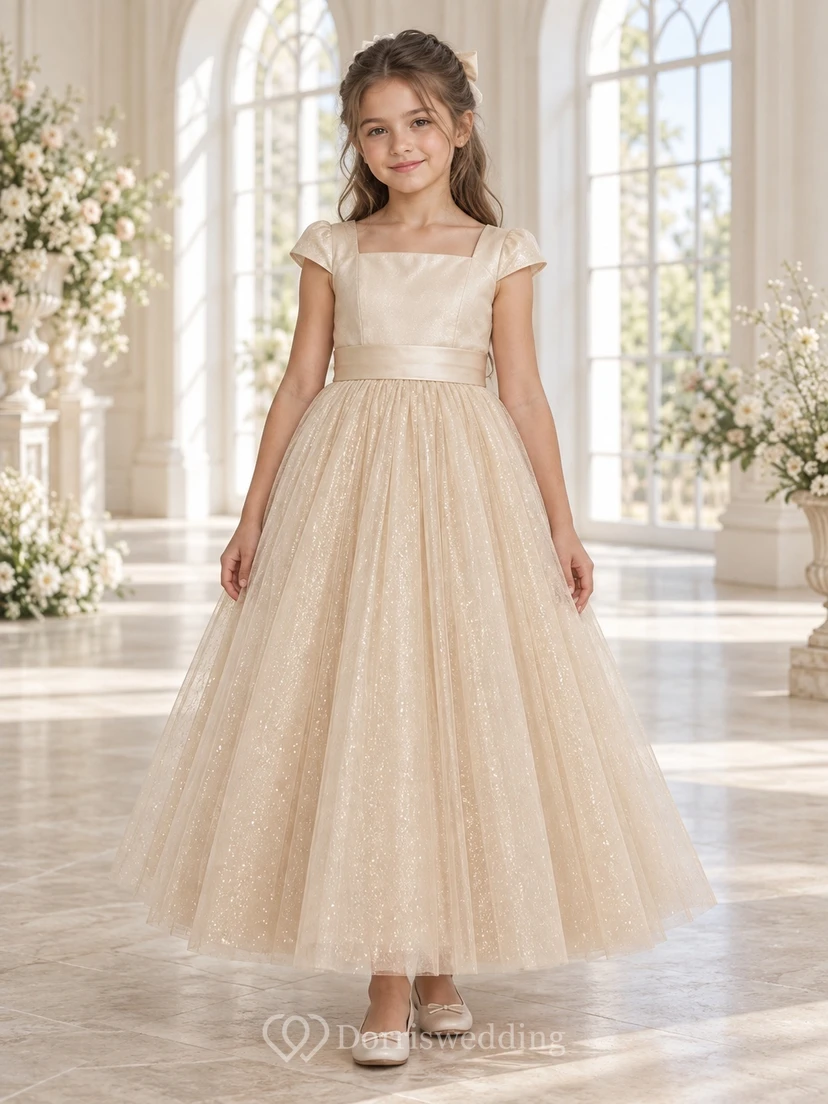 Square-Neck Champagne A-line Tulle Cap-sleeve Ankle-length Sparkling Bow-back Flower Girl Dress