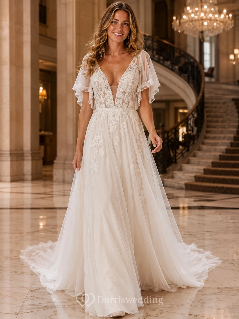 Robe de mariée en mousseline de soie polie et dentelle, décolleté en V profond, manches papillon, bustier trapèze avec traîne chapelle et dos nu plongeant, manches papillon.