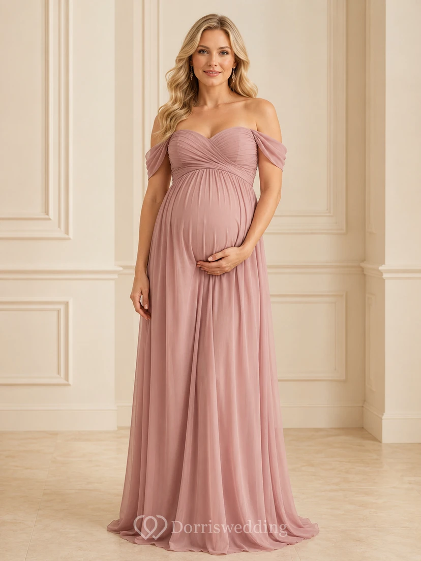 Elegantes, formelles Umstandskleid in Altrosa mit Empire-Muster, bodenlang, schulterfrei, kurzärmelig, aus Chiffon, romantisch und elegant – perfekt für Brautjungfern und Gäste beim Empfang.