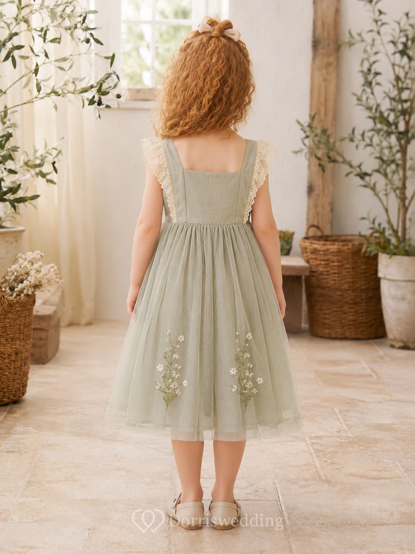 Robe Sage Flower Girl Trap en tulle et dentelle, col carré, sans manches, à fleurs, longueur thé view 2