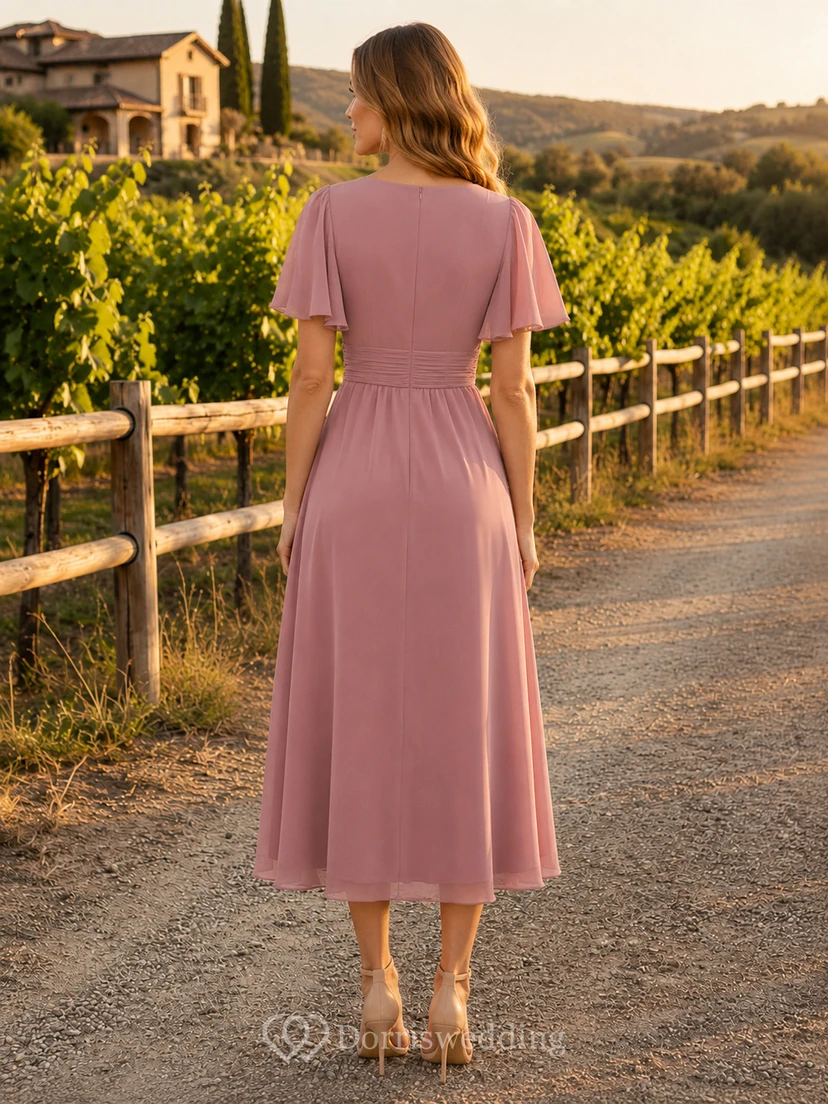 Dusty Rose Winery Gartenhochzeitsgast Brautjungfer Cocktailkleid A-Linie Teelänge V-Ausschnitt Kurze Ärmel Chiffon Raffung Reißverschluss hinten view 2