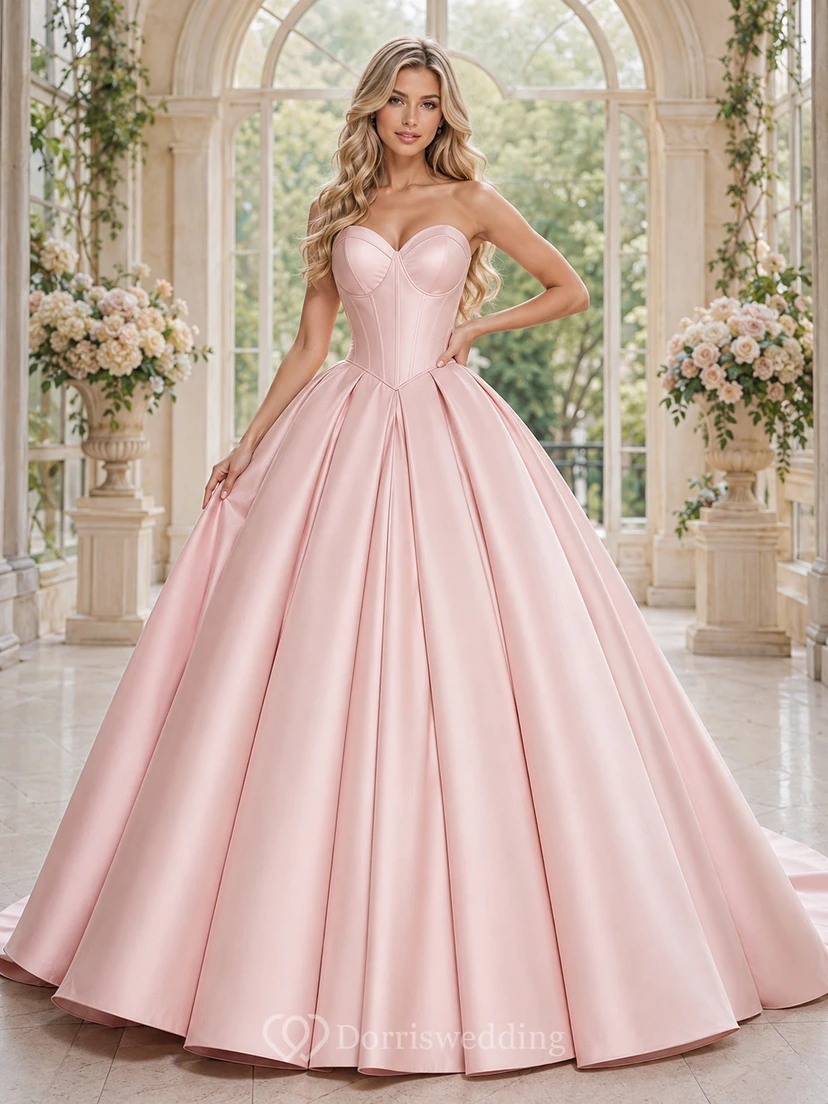 Blush Structured Strapless Sweetheart Pleated Mikado Satin Quinceanera Princess Ball Gown