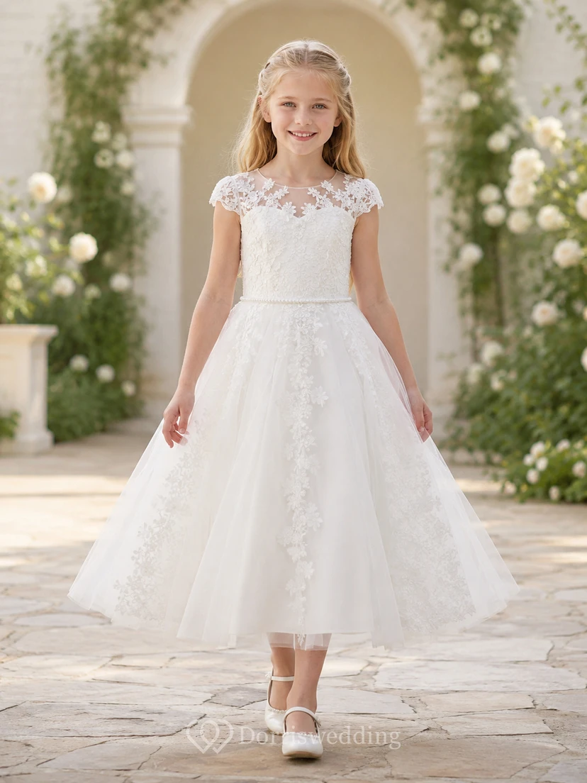Vestido de niña de las flores para la Primera Comunión, de largo midi, con encaje transparente y mangas cortas.