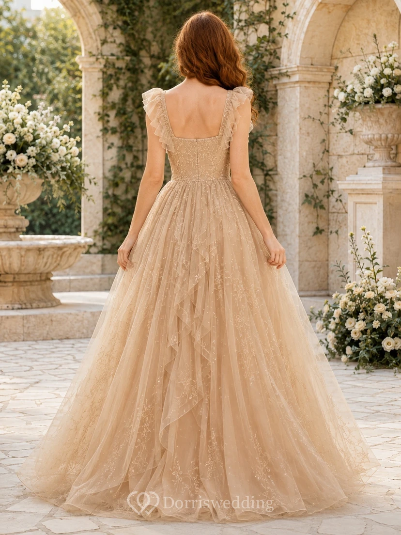 Champagne Square Neck Cap Sleeve Floral Tulle A-Line High-Low Fairy Dress view 2
