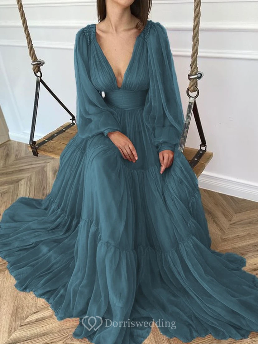 Sexy V-neck Puff Long Sleeve Chiffon Layered Empire Dress view 15
