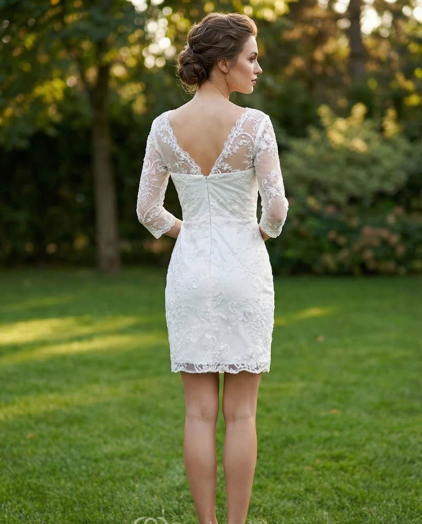 Robe de mariée en dentelle à manches courtes et dos nu en V view 2