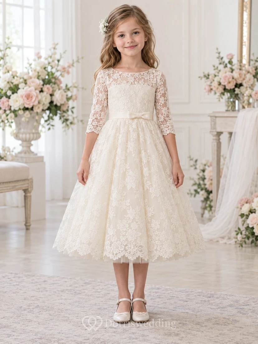 Vestido de niña de flores de corte A, color marfil, con estampado floral, mangas tres cuartos y borde festoneado, hasta la rodilla.