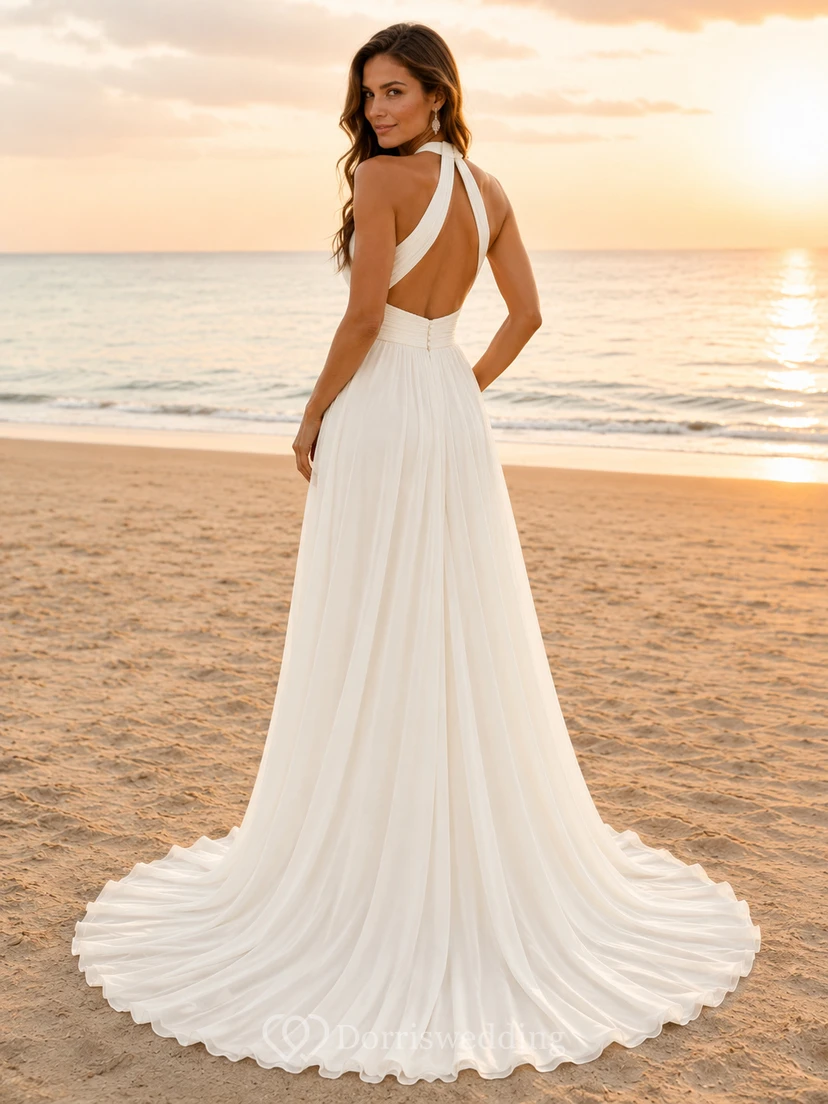 Bohemian High Neck Halter Chiffon A-Line Open Back Beach Wedding Dress view 2
