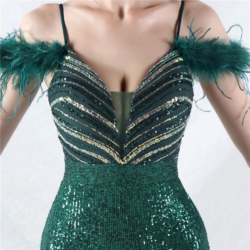 Elegantes Abendkleid mit Straußenfedern und Perlen, sexy, lang, mit Trägern und Schlitz view 57