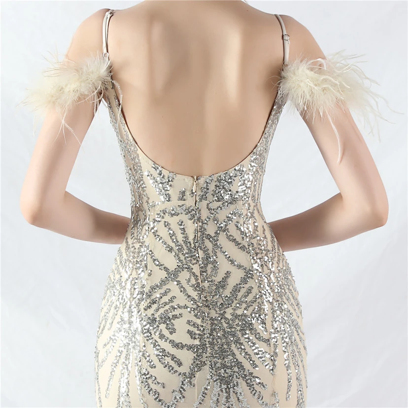 9-farbiges, handgefertigtes Abendkleid aus Kamelfedern, Netzstoff und Pailletten, sexy Trägern view 37