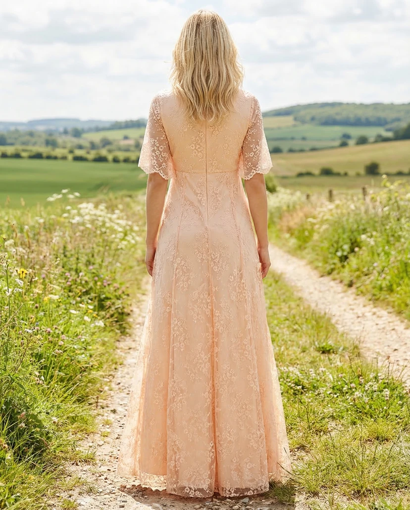 Boho Lace A-Line Gown with Bell Sleeves view 2