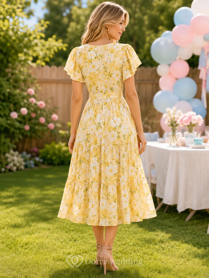 Yellow floral V-neck flutter sleeve garden A-line midi dress view 2