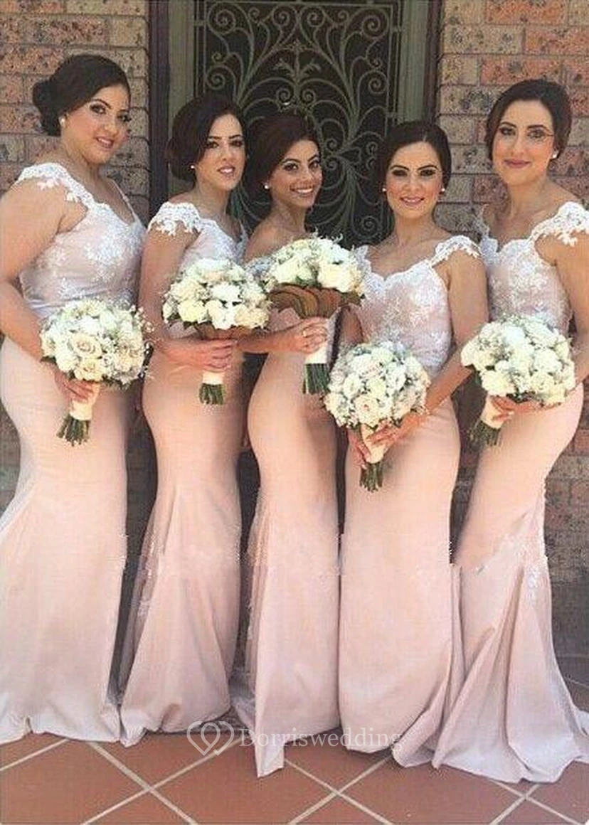 Elegantes, schulterfreies Meerjungfrauen-Brautjungfernkleid in Rosé, bodenlang mit Spitzenapplikationen