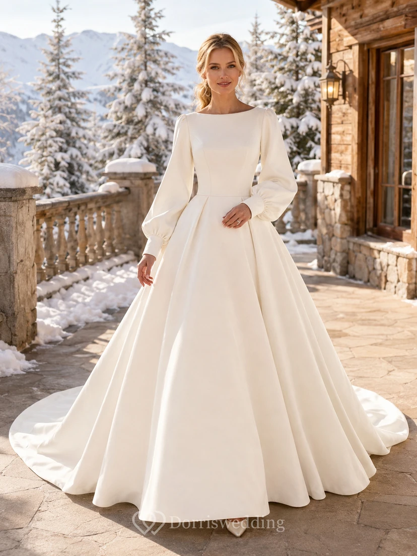 Robe de mariée d'hiver modeste, style bateau, manches bouffantes, en satin, avec traîne chapelle