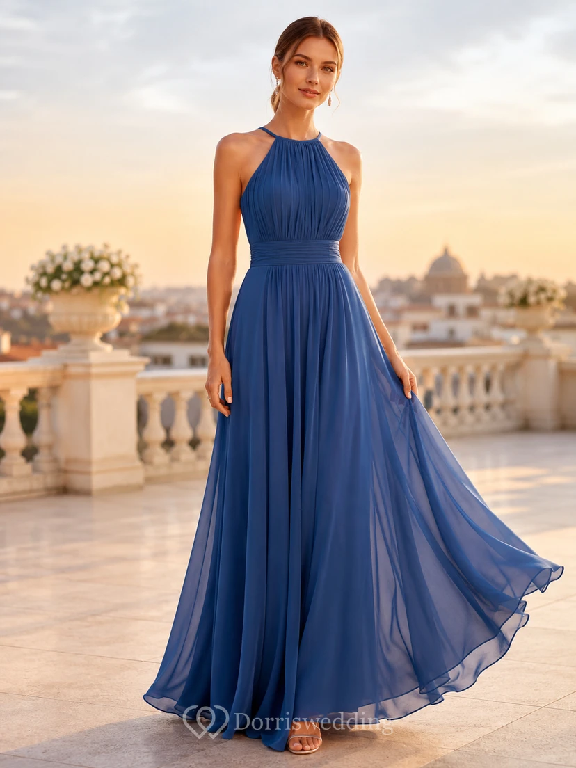 Steel Blue Halter Keyhole Back Chiffon Gown
