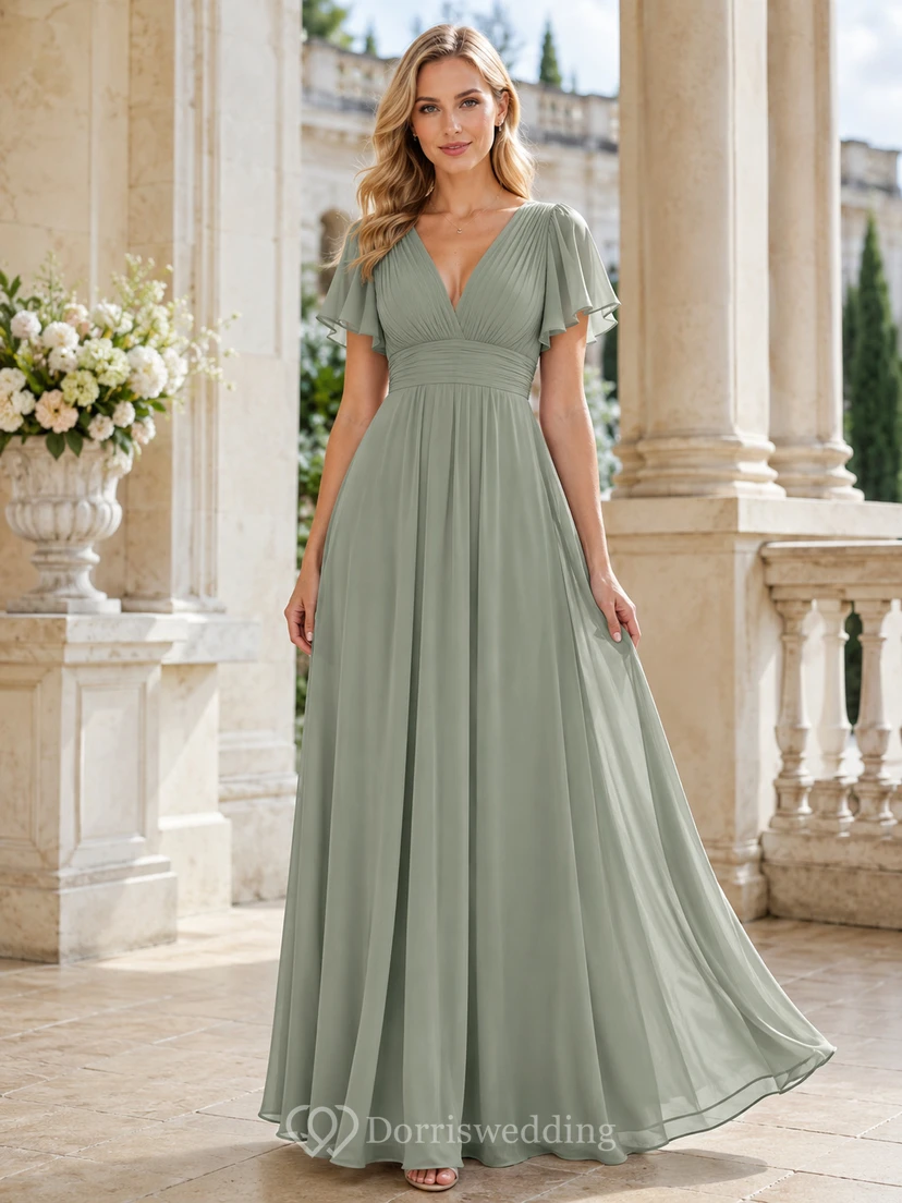 Sage V-Neck Short Sleeve Chiffon Empire Formal Dress