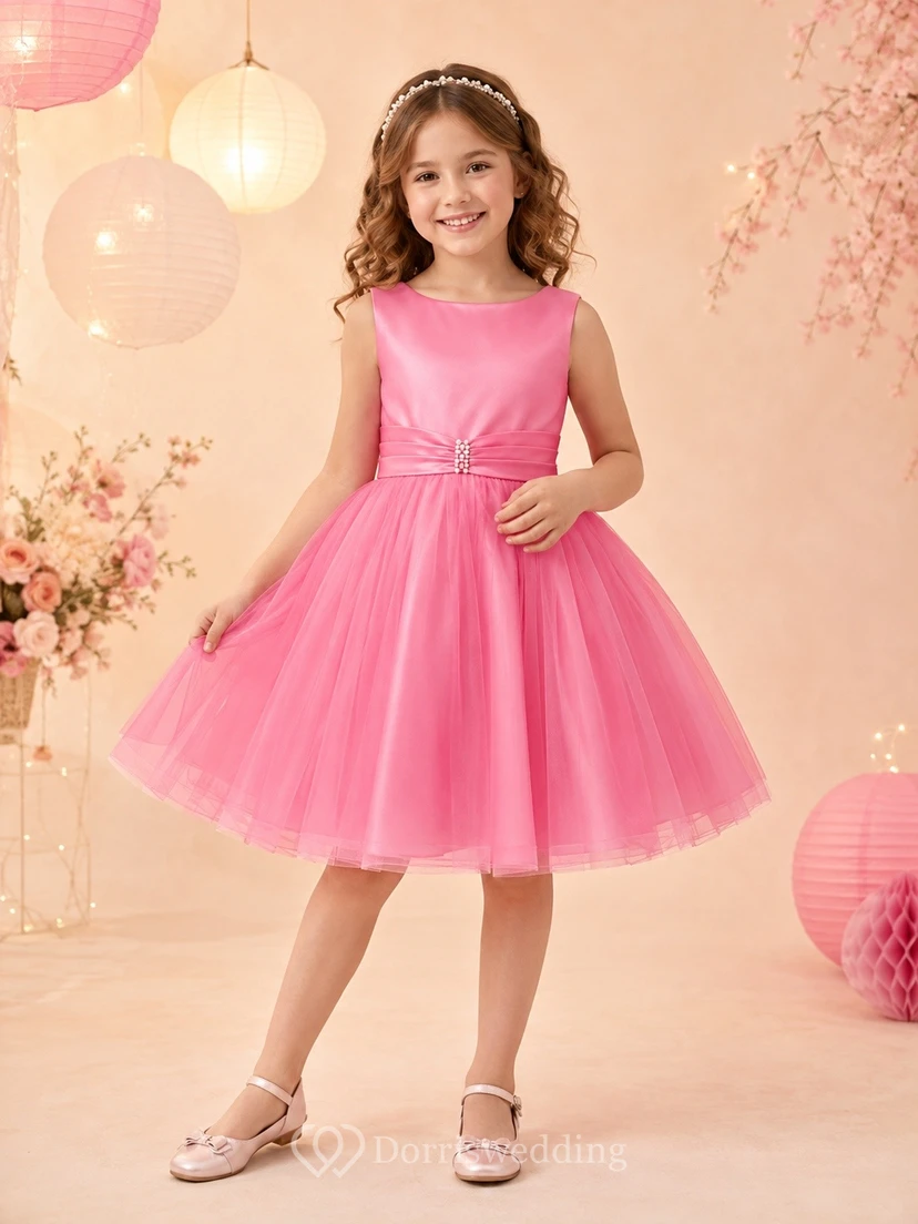 Candy Pink Adorable Square Tulle Sleeveless Ball-Gown Tea-Length Flowergirl Dress