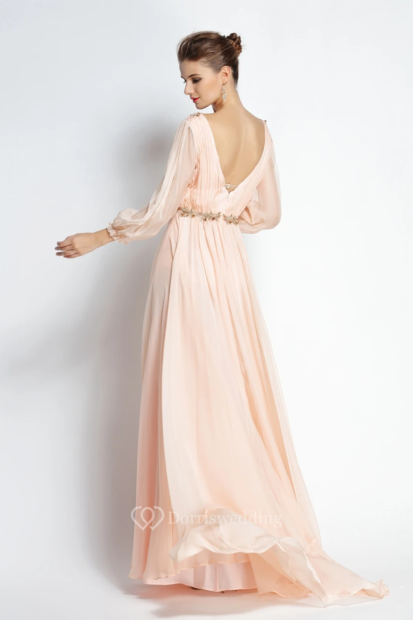 A-Line Floor-length Sweep Brush Train Bateau Chiffon Long Sleeve Prom Dress with Beading and Pleats view 2