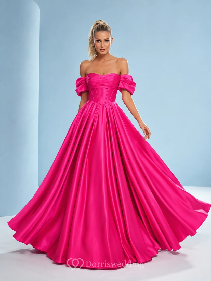 Statement Fuchsia Off-Shoulder Sweetheart Puff-Sleeve Satin Ball-Gown Floor-Length Quinceanera Prom Dress