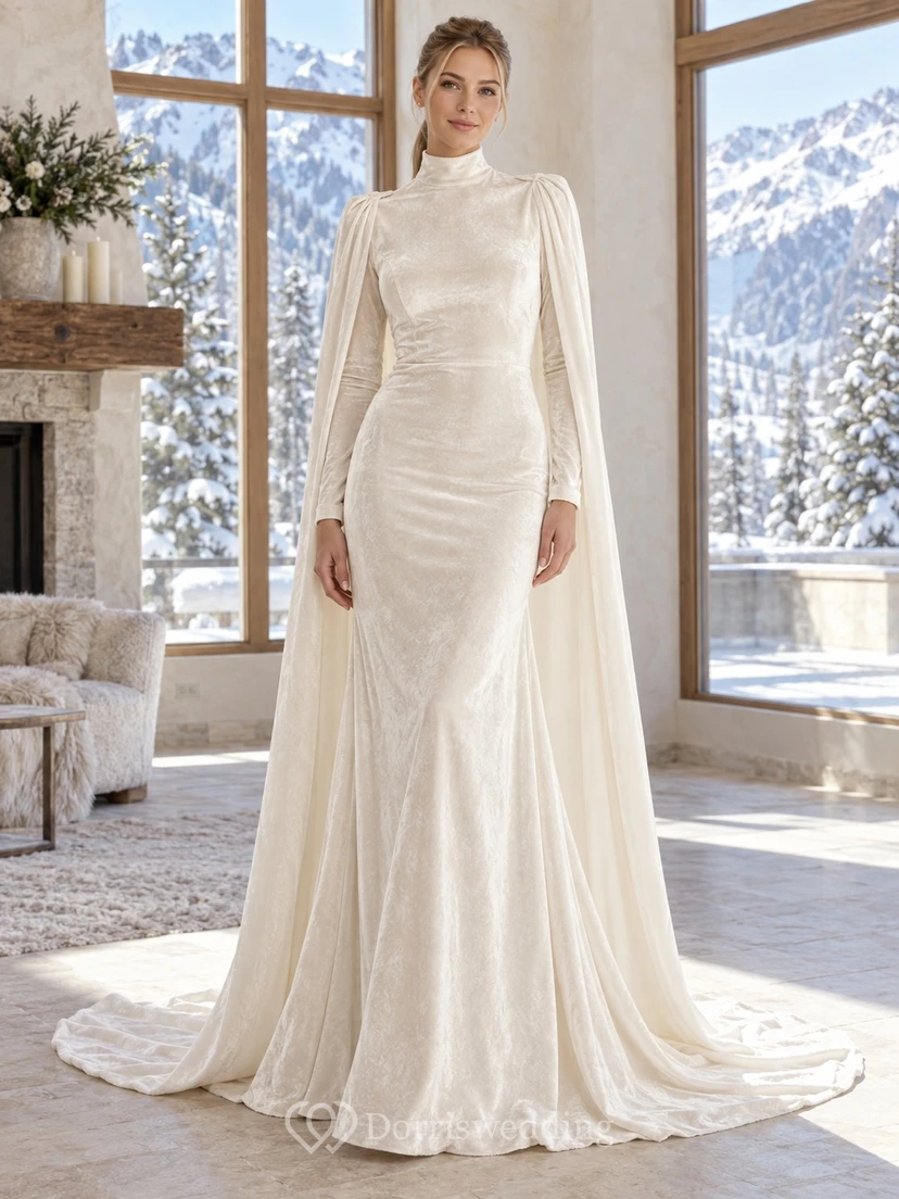 Vestido de invierno tipo capa de terciopelo con cuello alto y manga larga, estilo tubo.