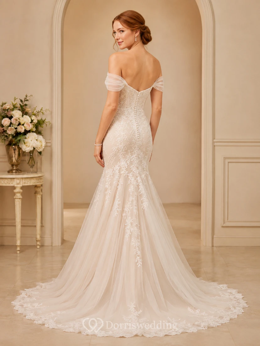 Lace Tulle Wedding Dress Mermaid Off Shoulder Sweep Train Bridal Gown view 2