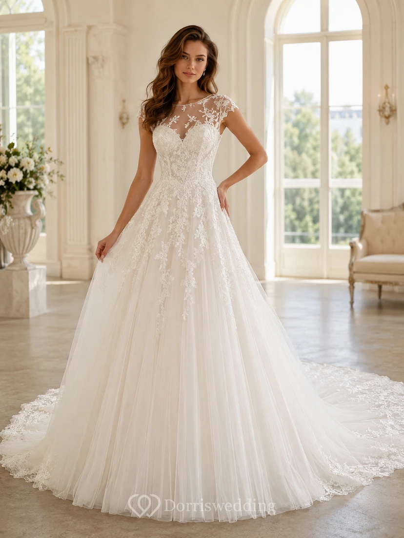 Robe de mariée romantique en dentelle et tulle illusion, coupe trapèze, ornée d'appliques et de boutons classiques dans le dos.
