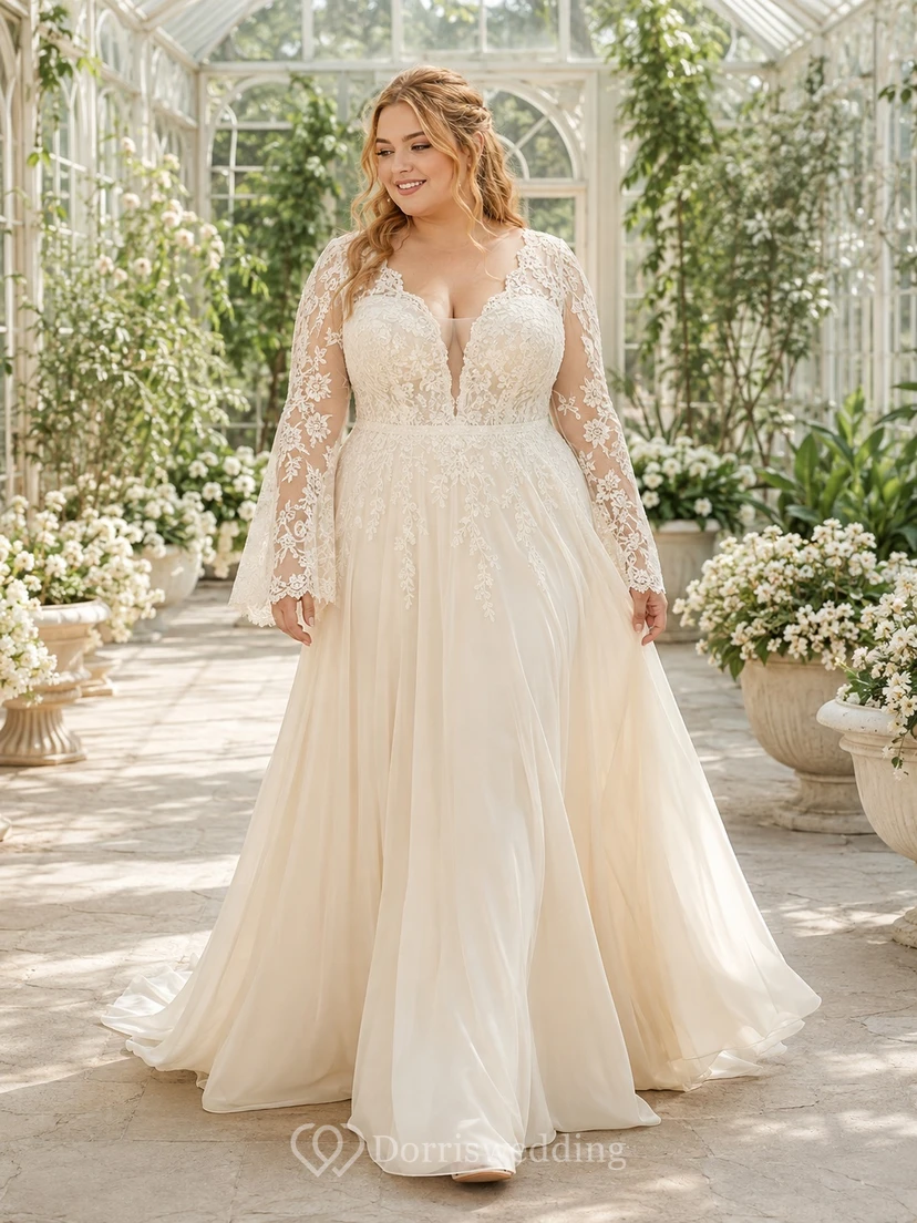 Plus Size Langarm-Chiffon-A-Linien-Brautkleid mit V-Ausschnitt für große Oberweite