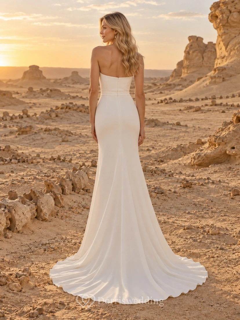 Vestido de novia sencillo, sin tirantes, de satén, con corpiño liso, cintura natural y cola larga hasta el suelo. view 2
