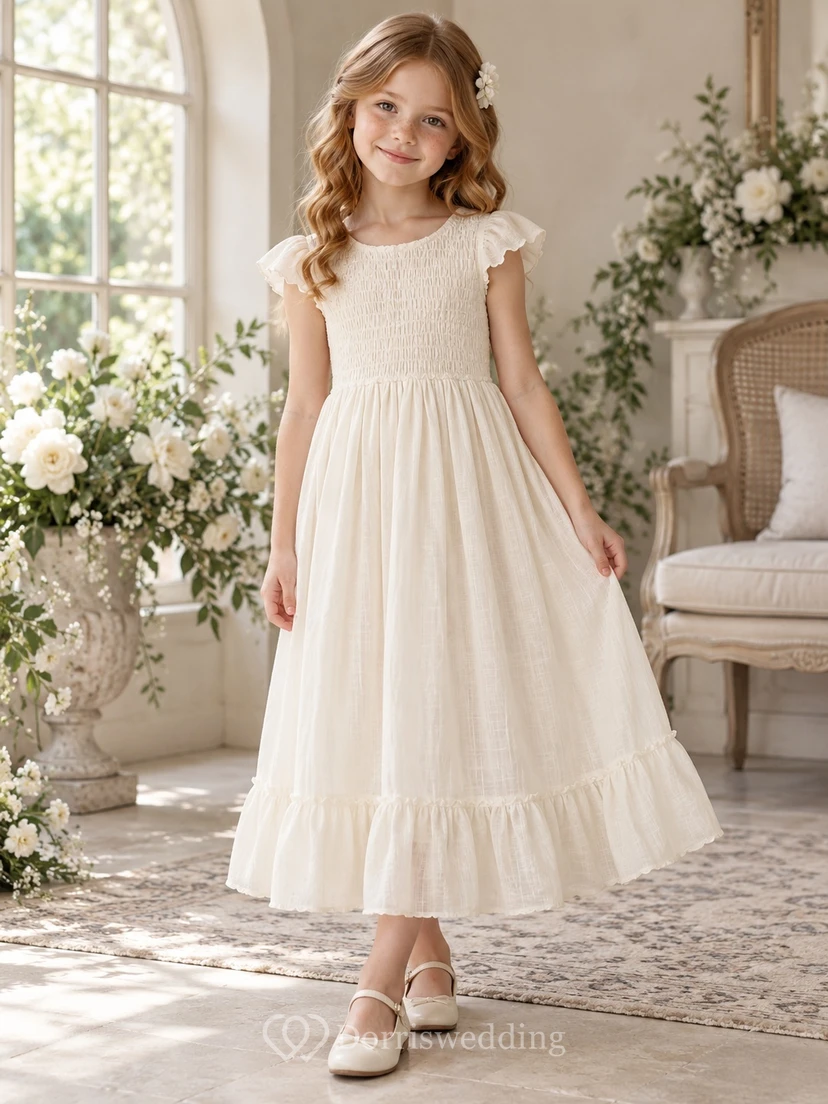 Tea-length Country Ivory A-line Smocked Ruffle-sleeve Ruffle-hem Gathered Flower Girl Dress