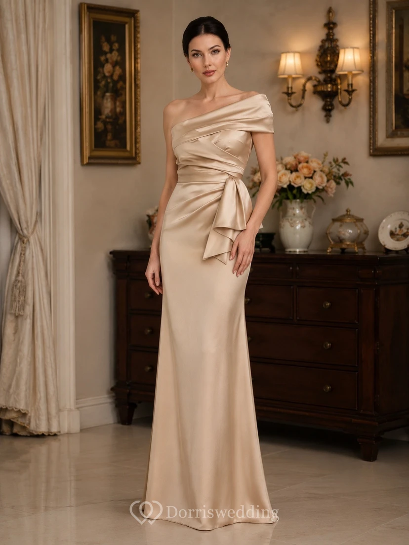 Vestido de noche formal de satén color champán, sin mangas y con un solo hombro, estilo sirena.