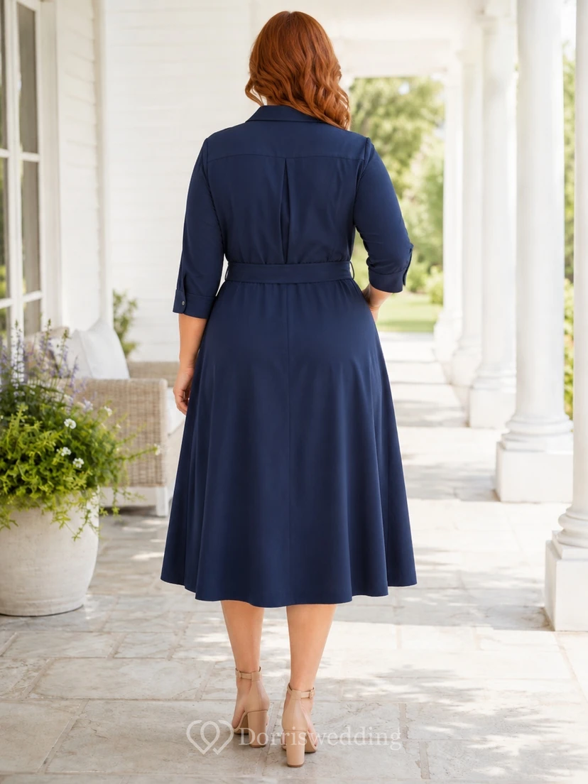 Dark Navy Cotton Button Front 3/4 Sleeve A-Line Notched Neck Tea Length Plus Size Dress view 2