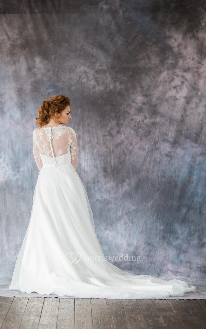 Organza Long Sleeve A-Line Bridal Gown With Illusion Back view 4