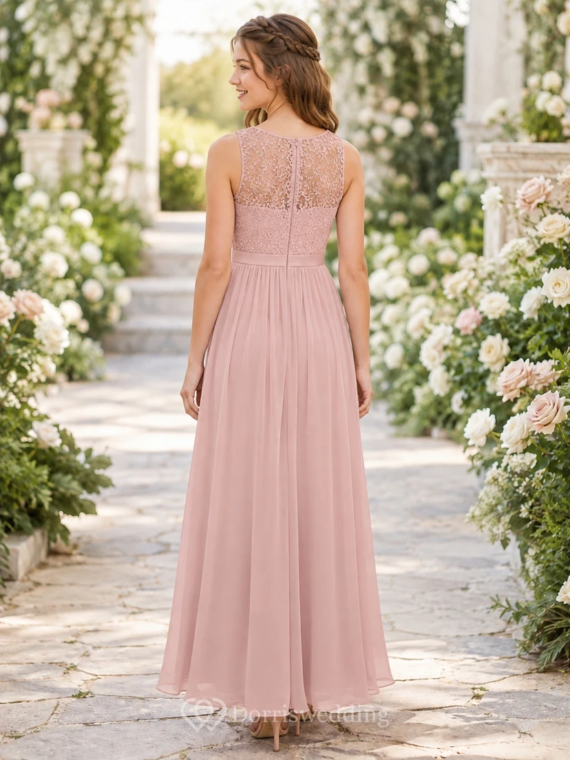 Elegantes, ärmelloses Brautjungfernkleid in zartem Rosa mit A-Linien-Schmuckmuster und Spitze view 2