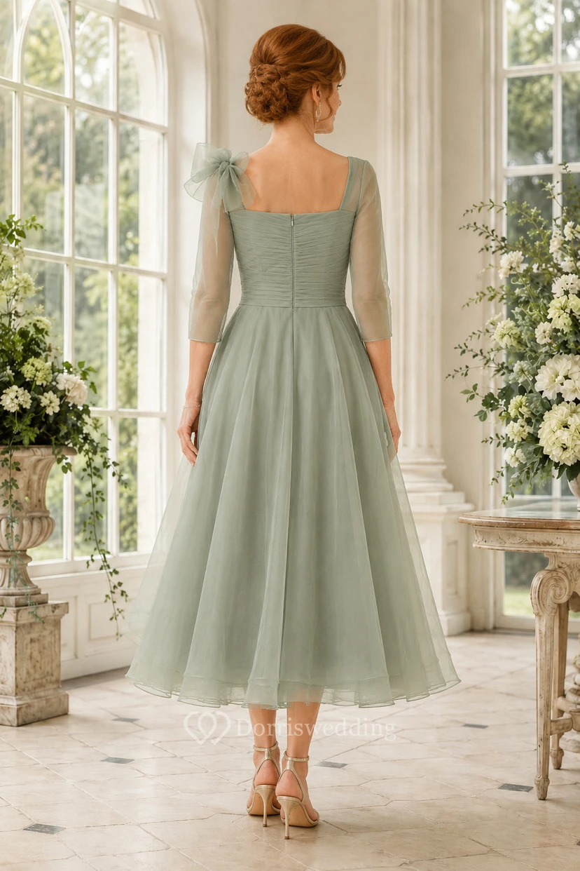 Salbeigrünes, teelanges Tüllkleid für Mütter mit 3/4-Ärmeln view 2