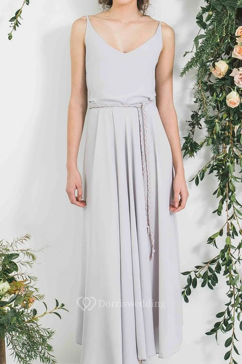 Ankle-Length Sleeveless Spaghetti Pleated Chiffon Bridesmaid Dress view 3