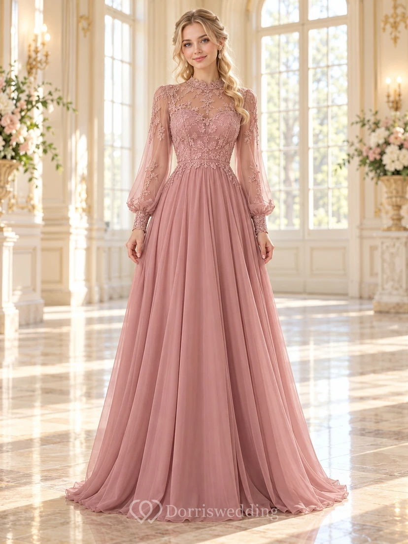 Robe de bal vintage rose poudré à manches longues et col montant en dentelle