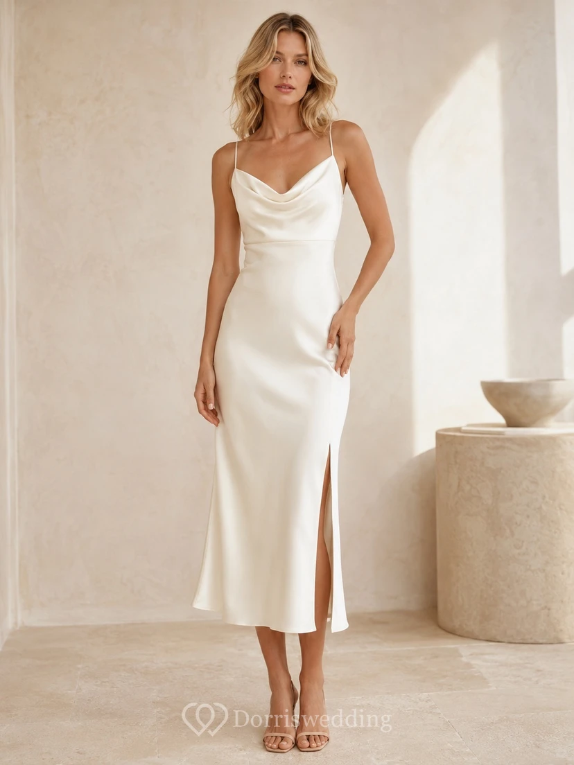 Elegante vestido de ceremonia de satén color marfil con escote drapeado y tirantes finos, corte recto hasta la rodilla.