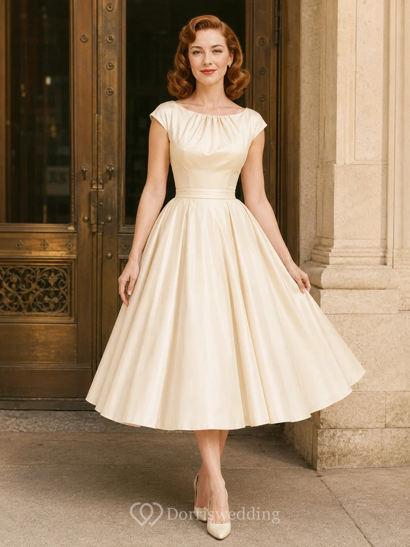 Vestido de novia de corte A estilo barco de los años 50, estilo juzgado vintage.