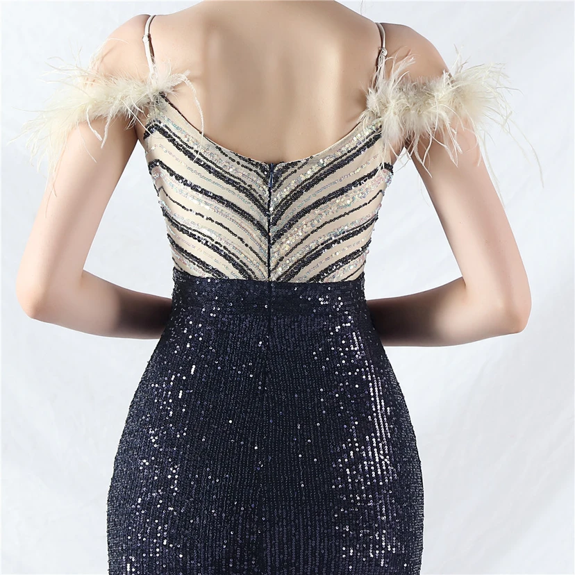 Elegantes Abendkleid mit Straußenfedern und Perlen, sexy, lang, mit Trägern und Schlitz view 66
