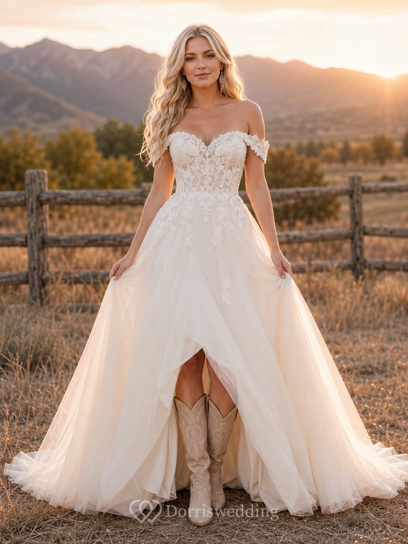 Romantic Tulle Lace A-Line Off Shoulder Short Sleeve Wedding Dress
