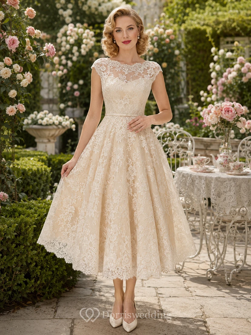 Cream illusion lace cap sleeve A-line tea length dress