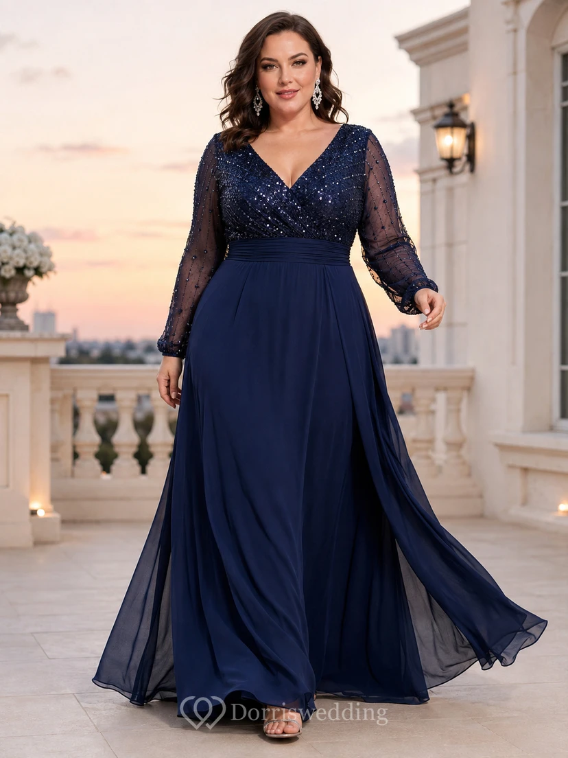 Vestido de noche largo hasta el suelo, de gasa con lentejuelas, cuello en V, mangas ilusión y escote en V, color azul marino oscuro, talla grande.