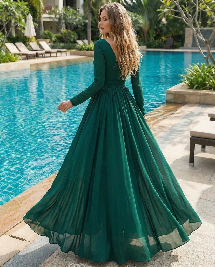 Long-Sleeve V-Neck Satin A-Line Gown view 2